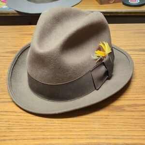 Brown Fedora Hat with Feather Accent